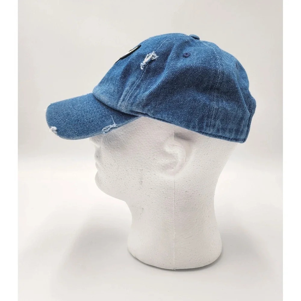 KB ETHOS VINTAGE DENIM DISTRESSED TRUCKER BASEBALL HAT CAP BULL SKULL PATCH